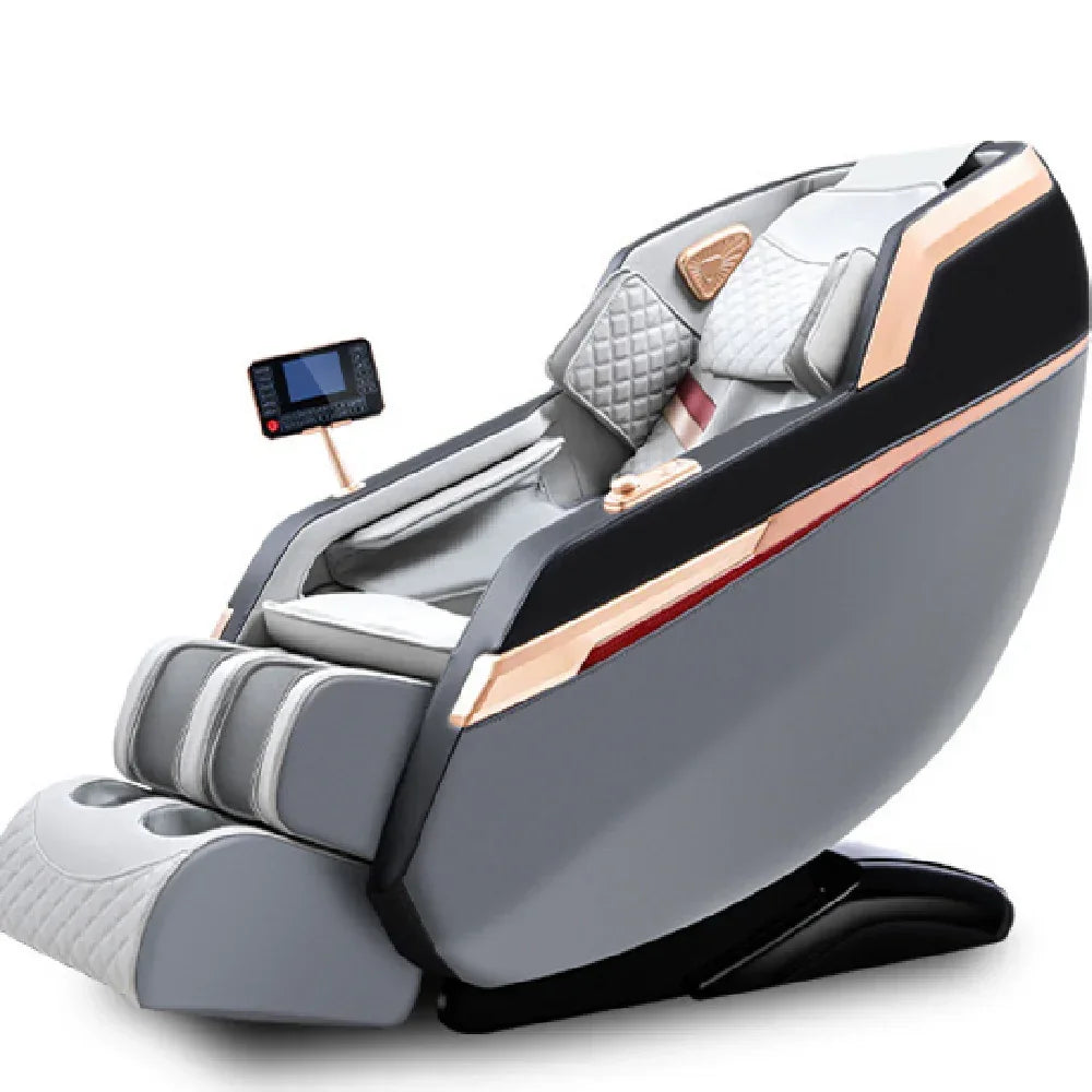Modern grey and gold massage chair with quilted leather upholstery and digital control panel
