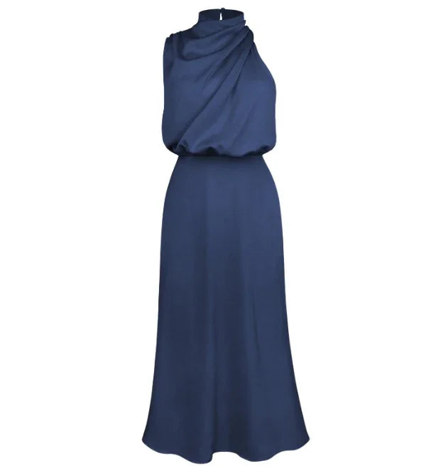 Sleeveless navy blue maxi dress with high neckline, draped satin material, relaxed fit