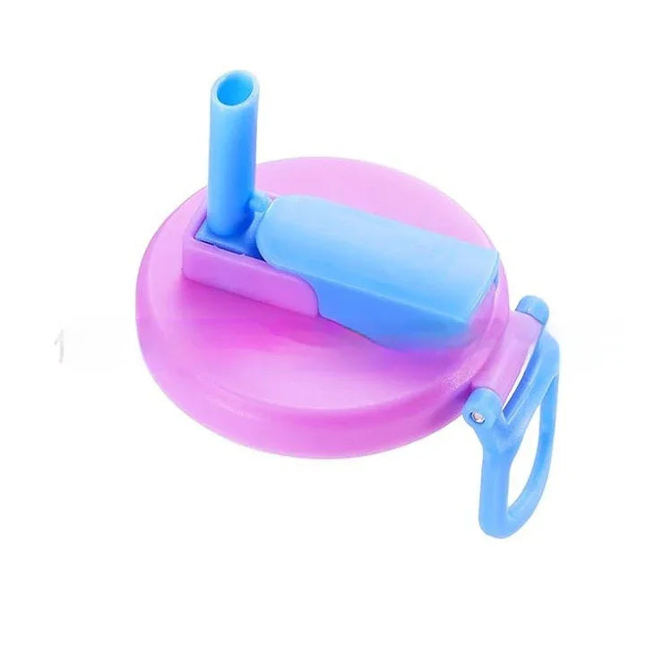 Pink and blue plastic bottle cap with straw and handle, modern drinkware accessory