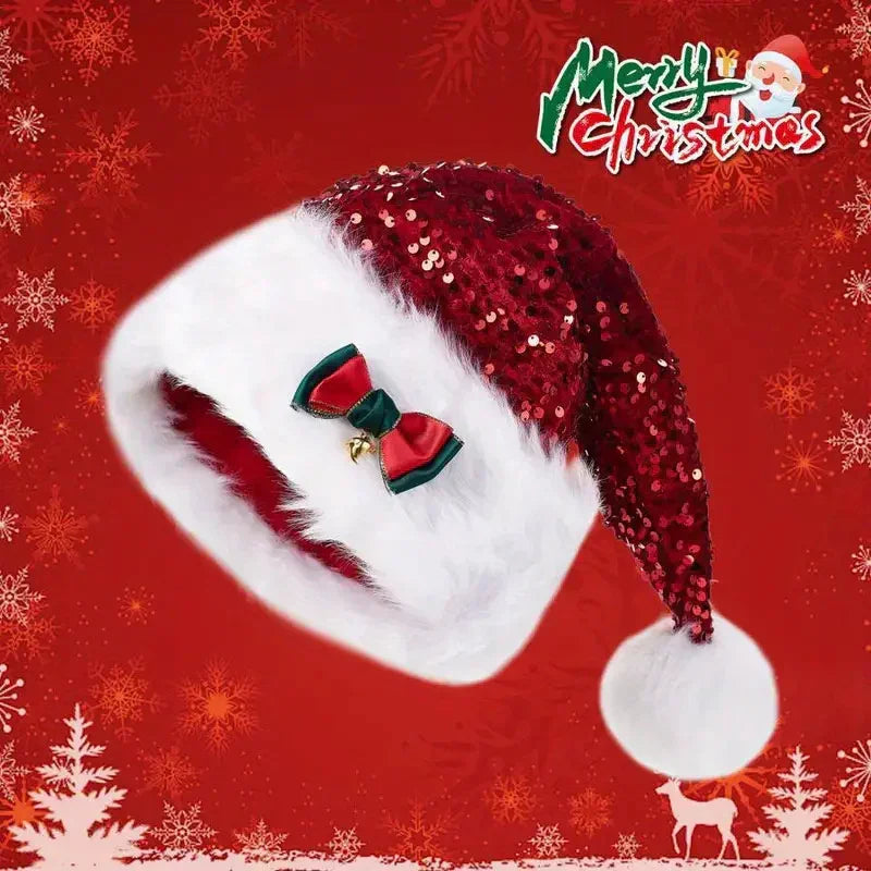 Red sequin Santa hat with white faux fur trim, fluffy pom pom, and festive bow accent