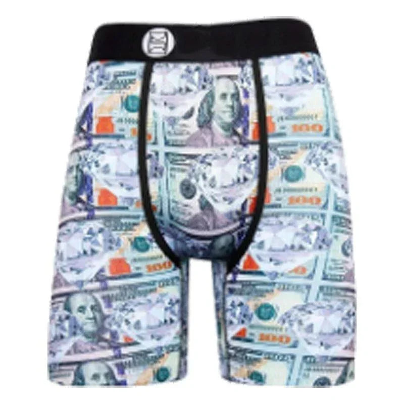 Men’s fitted boxer briefs with colorful money and diamond print, black waistband, stretch fabric.