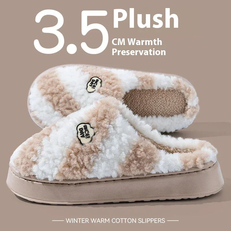 Plush winter slippers with beige and white fluffy material, thick sole, closed-toe style.