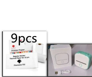 Thermal printer with USB cable and 9 rolls of white printer paper, minimalist style.