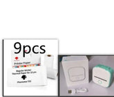 Thermal printer with USB cable and 9 rolls of white printer paper, minimalist style.