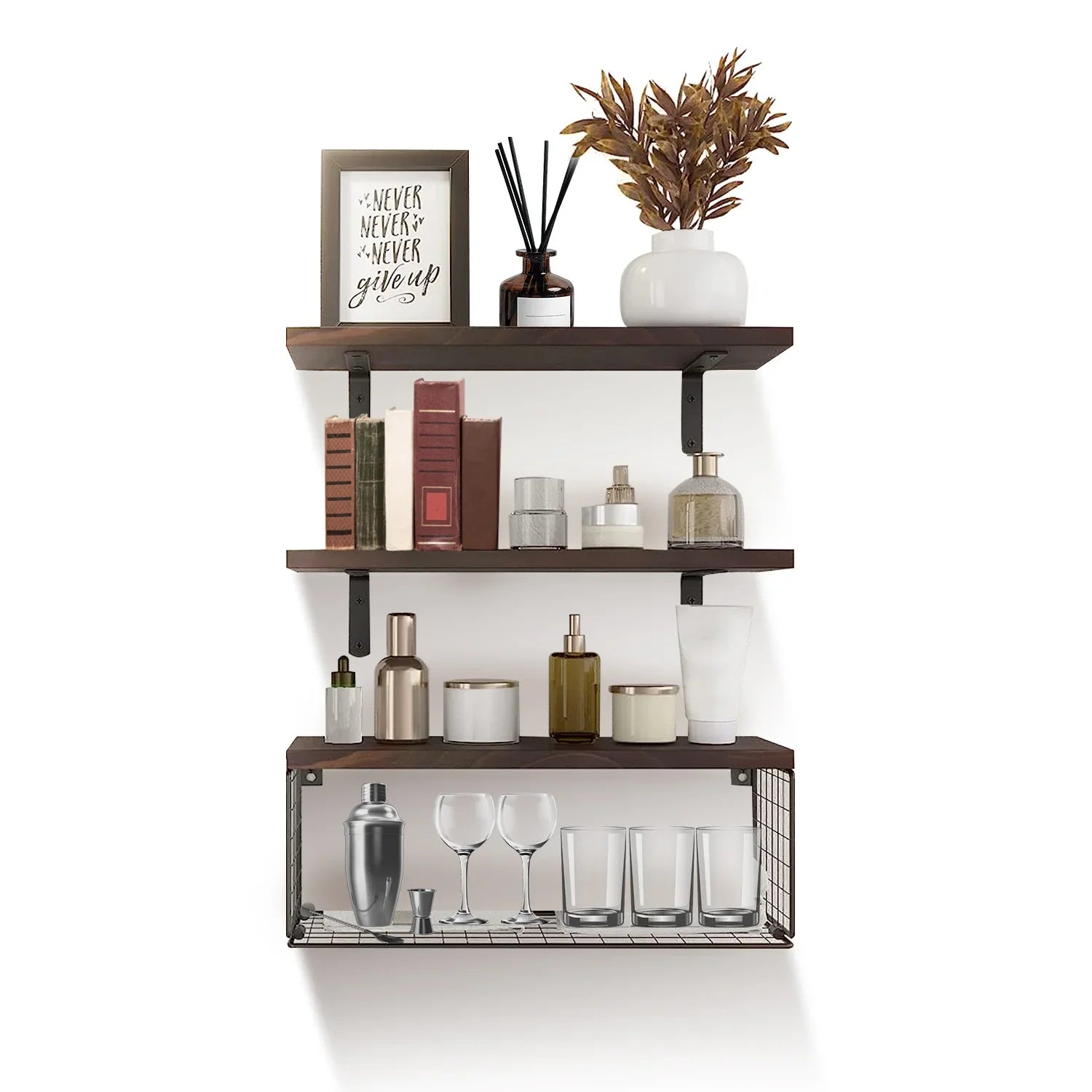 Wall-mounted dark wood shelves with decor, books, glassware, and storage bottles.