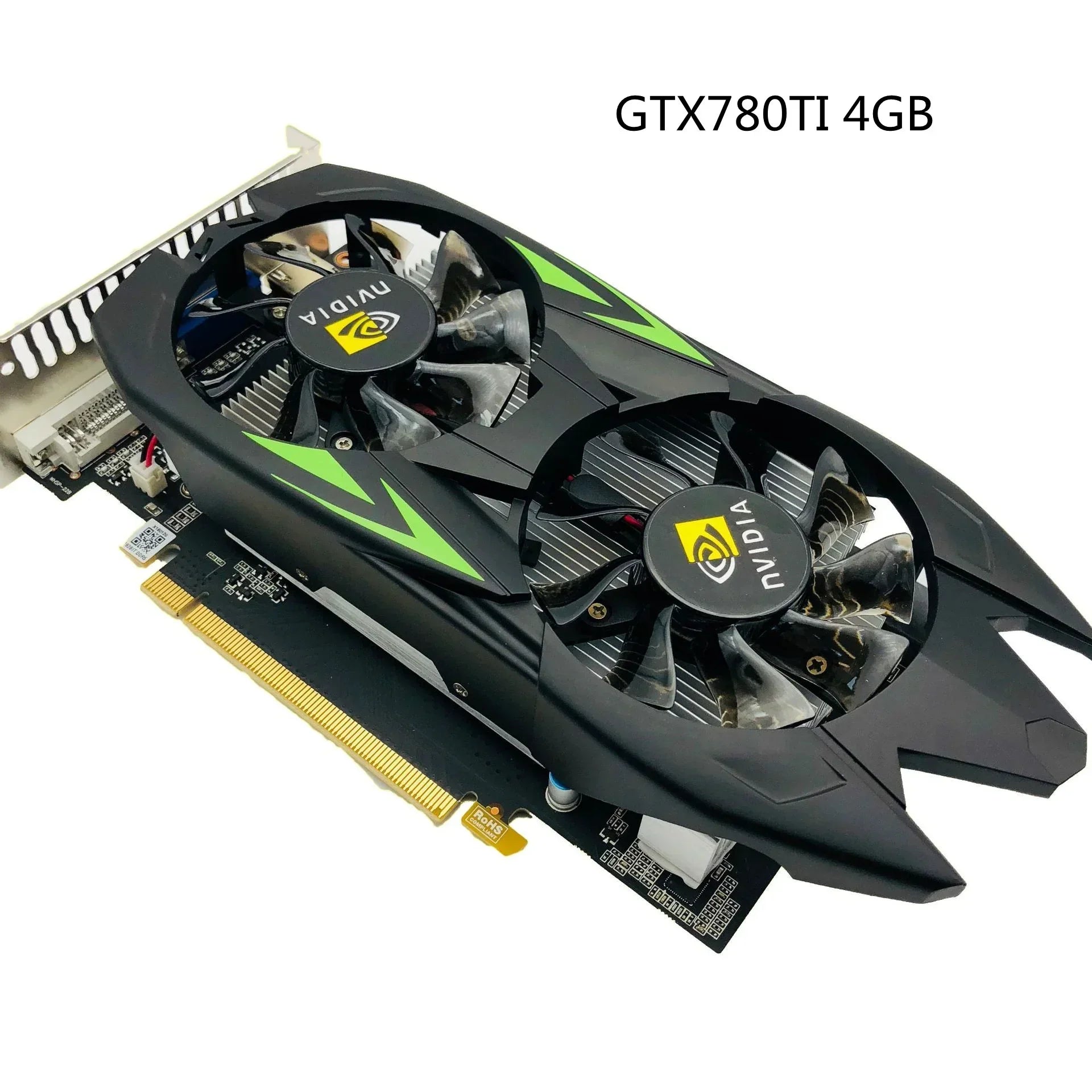 Black and green GTX780TI 4GB graphics card with dual cooling fans and exposed circuit board.