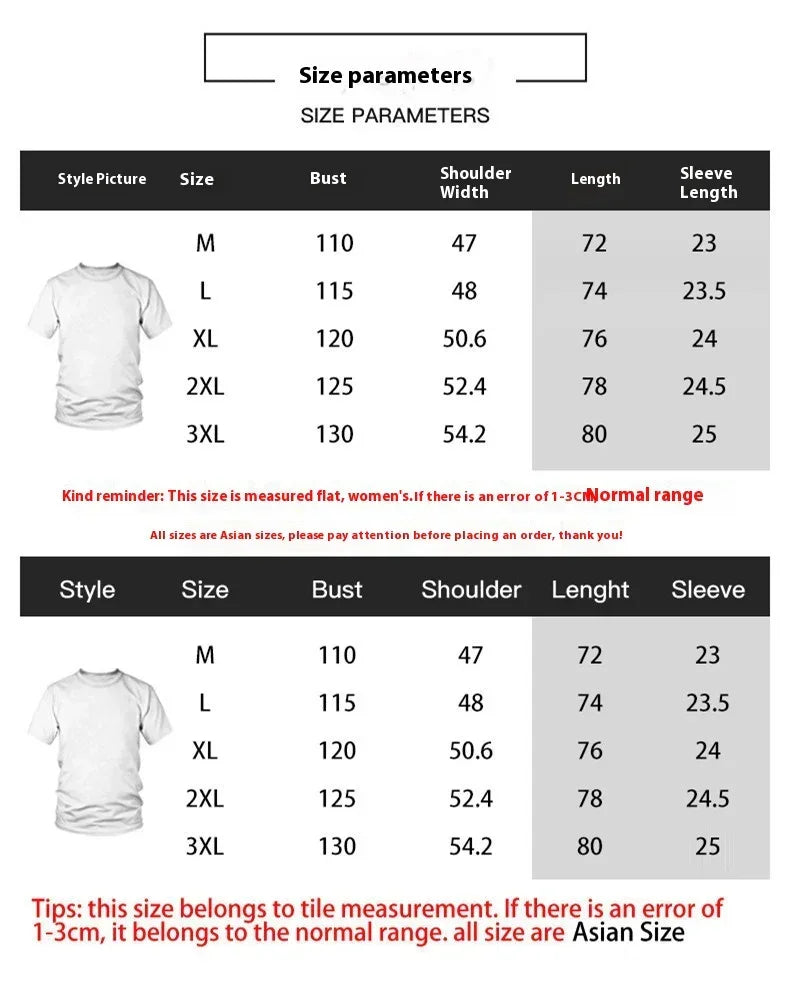 White short-sleeve streetwear t-shirt size chart showing bust, shoulder, length, sleeve measurements.