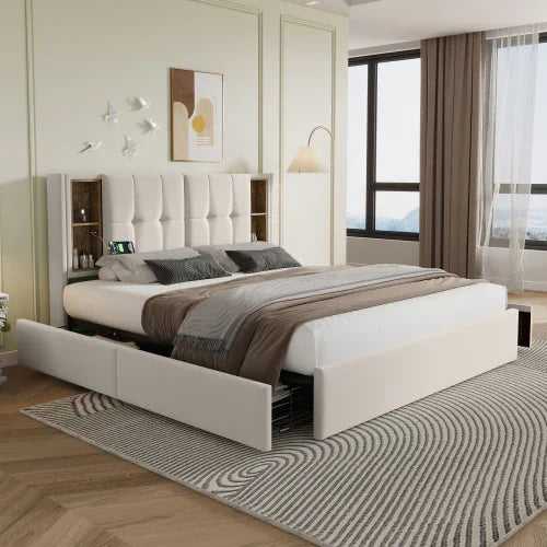 Modern upholstered platform bed with white tufted headboard, storage shelves, and neutral bedding