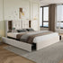 Modern upholstered platform bed with storage, tufted headboard, and neutral bedding in a bright bedroom