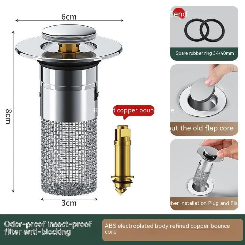 Stainless steel drain filter with mesh basket and copper core, odor-proof and insect-proof design.