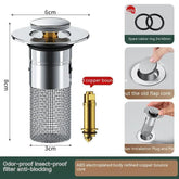 Stainless steel drain filter with mesh basket and copper core, odor-proof and insect-proof design.
