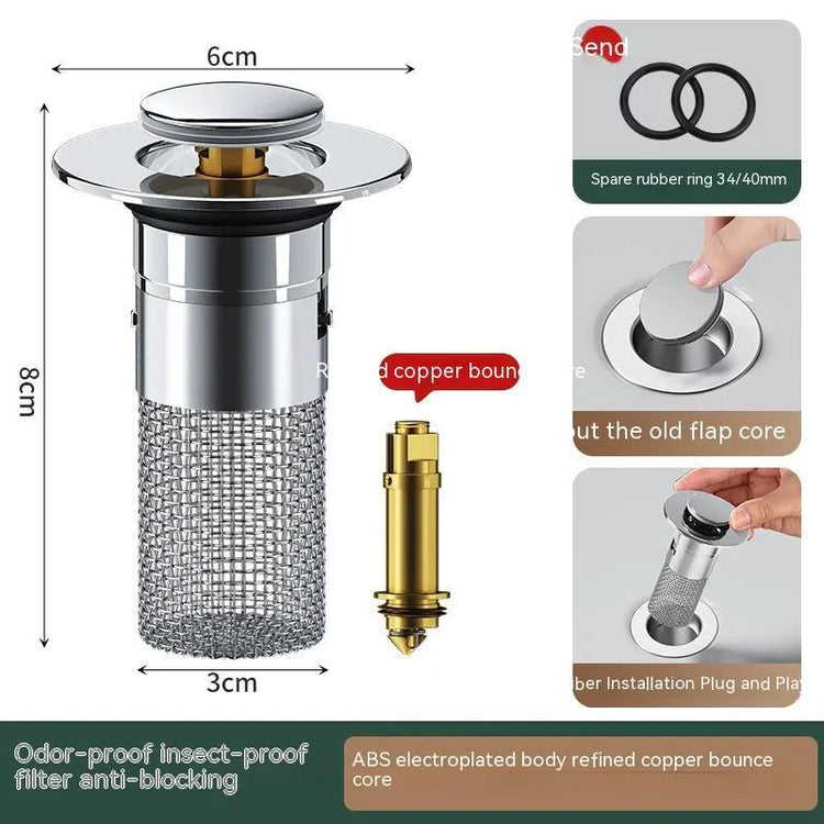 Stainless steel drain filter with mesh basket and copper core, odor-proof and insect-proof design.