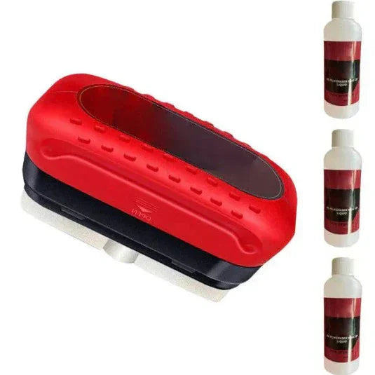 Red and black handheld cleaning brush with three bottles of cleaning solution on white background.