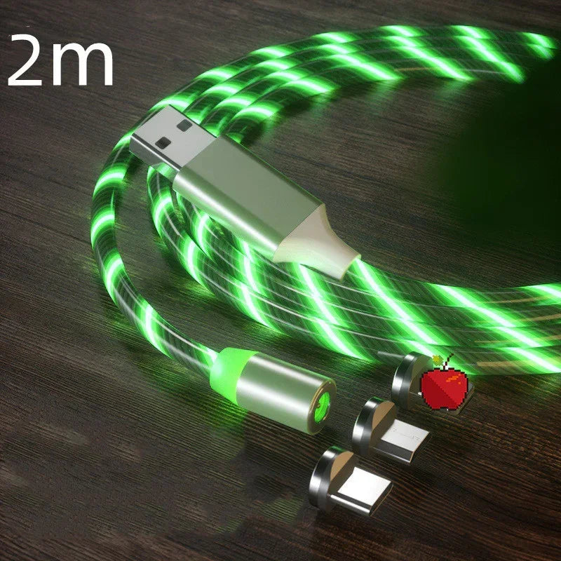 Green LED magnetic USB charging cable with two connector tips on a wooden surface, 2 meters long