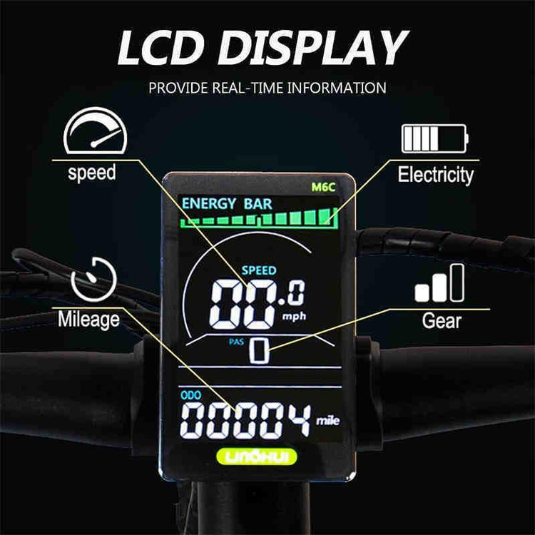 Digital LCD display on bike handlebar showing speed, battery level, mileage, and gear settings