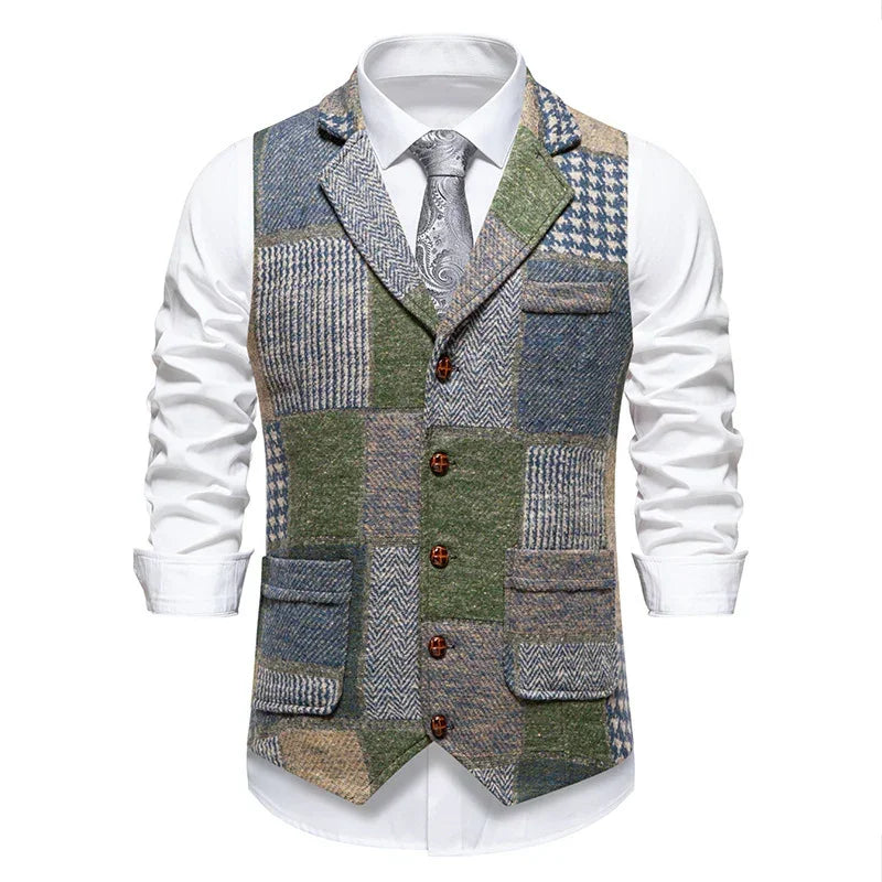 Men's patchwork vest in green and blue wool, tailored fit over white dress shirt and tie