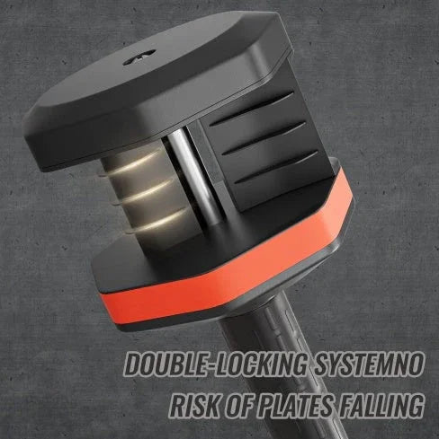 Close-up of adjustable dumbbell locking mechanism with black and red accents on grey background.