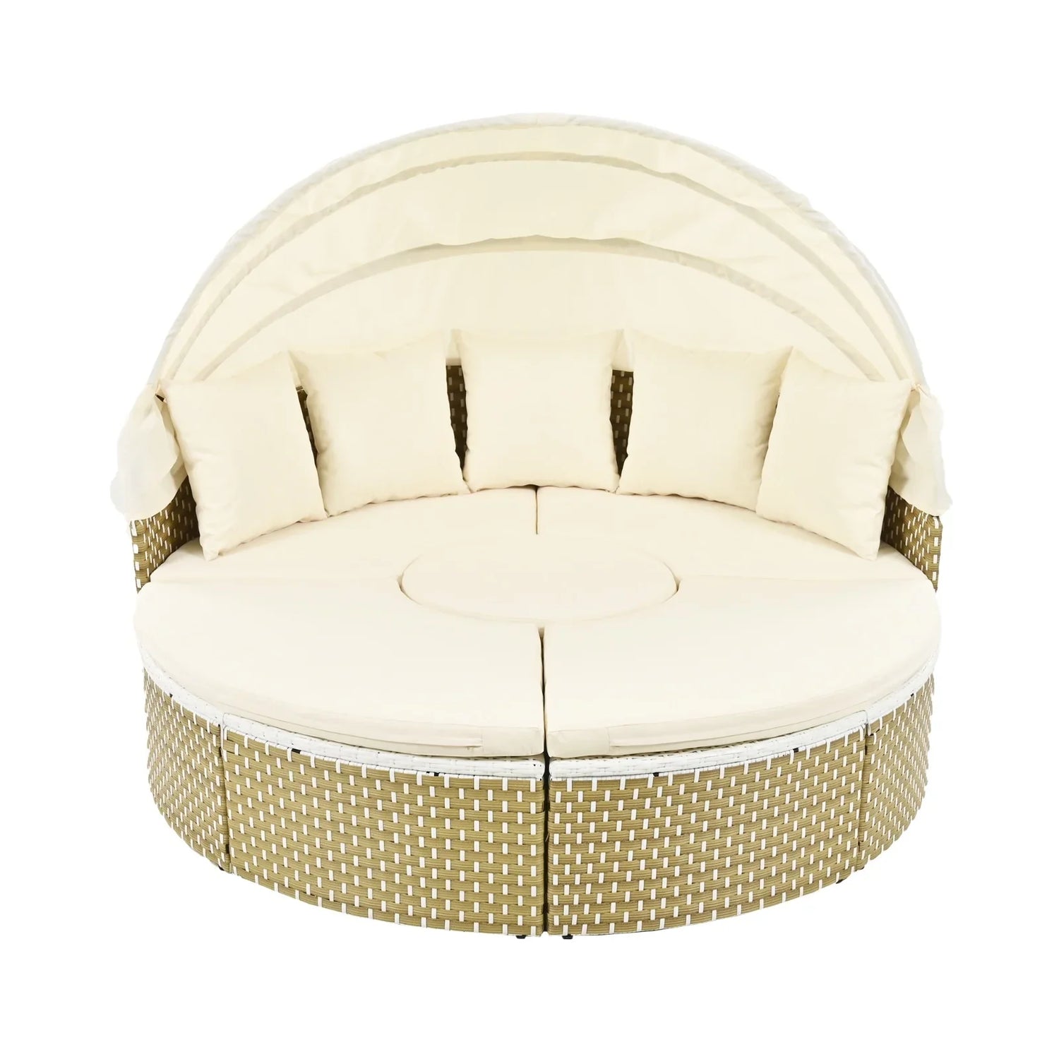 Round beige rattan outdoor daybed with cream cushions and adjustable canopy