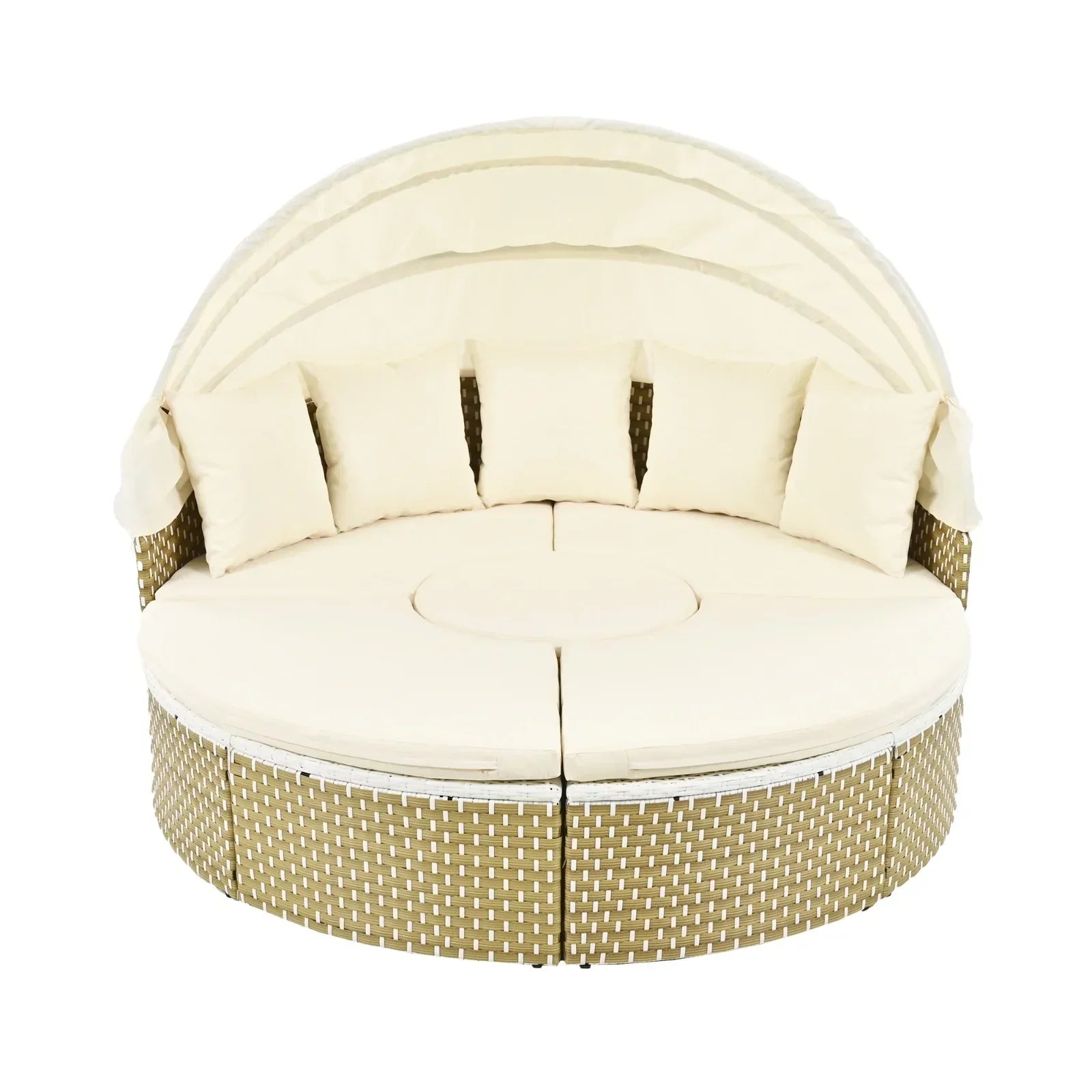 Round beige rattan outdoor daybed with cream cushions and adjustable canopy