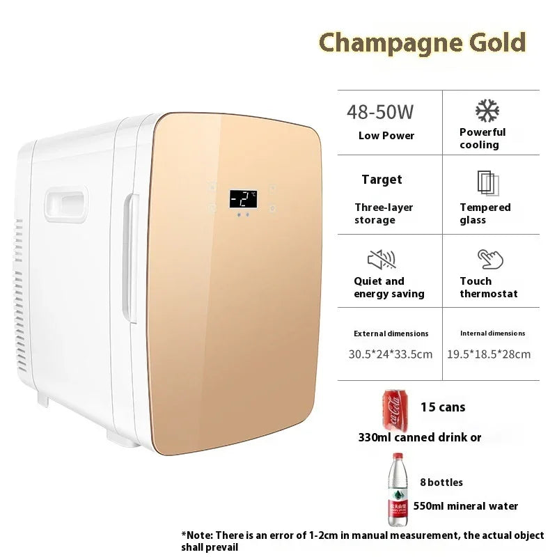Champagne gold mini fridge with digital display, glass door, compact and modern design