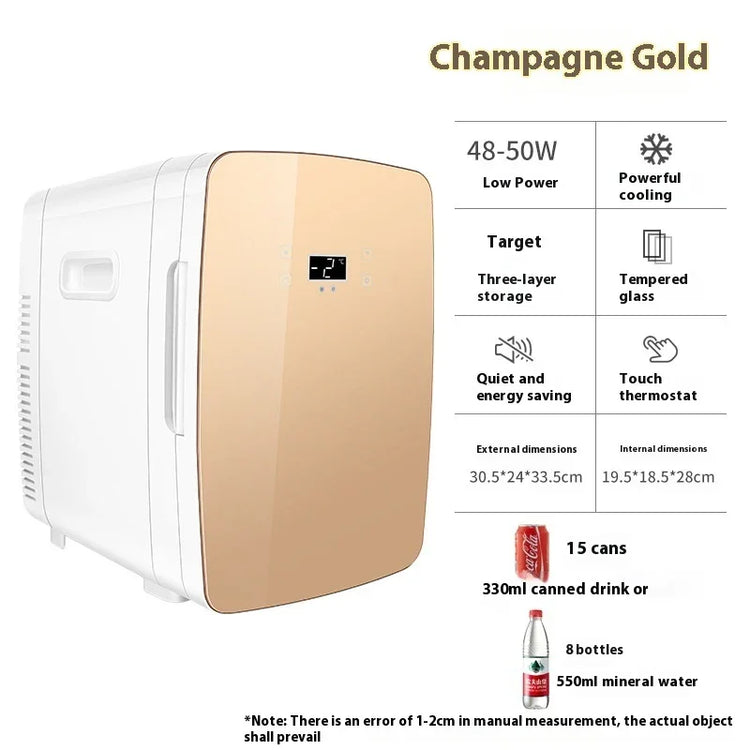 Champagne gold mini fridge with digital display, glass door, compact and modern design