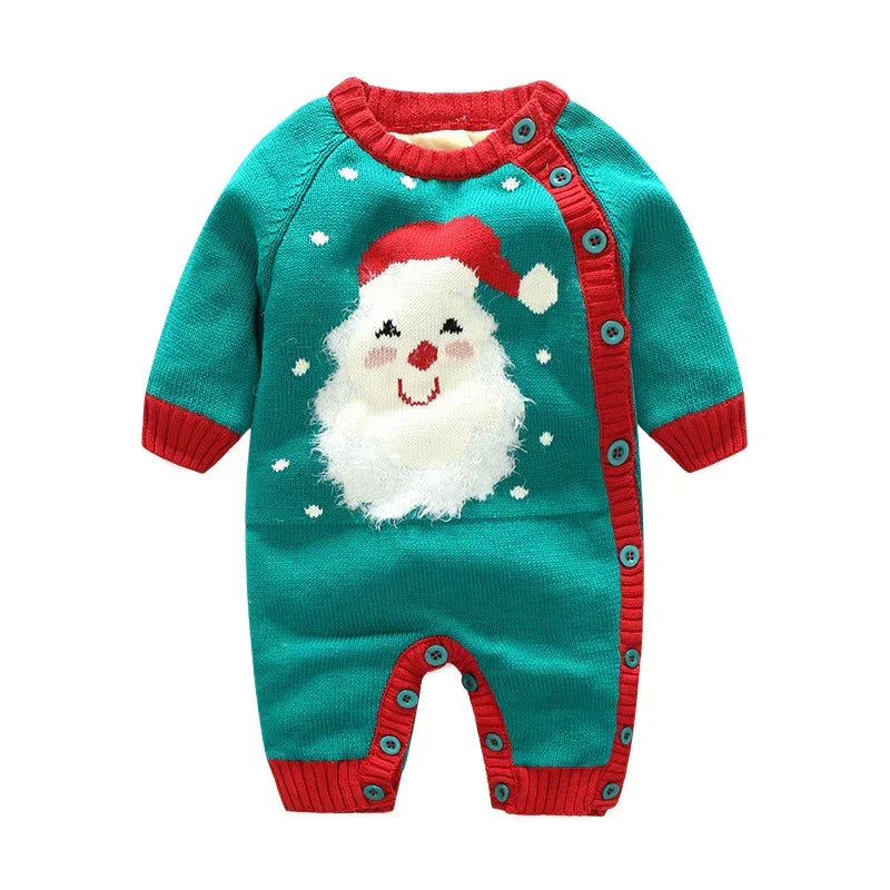Green knit baby romper with Santa Claus design, red trim, and side button closure