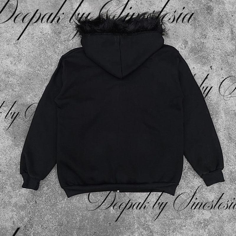 Black oversized hoodie with faux fur trim on hood, long sleeves, relaxed streetwear fit