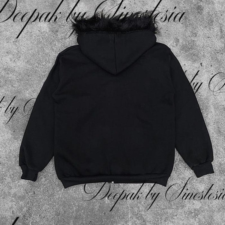 Black oversized hoodie with faux fur trim on hood, long sleeves, relaxed streetwear fit