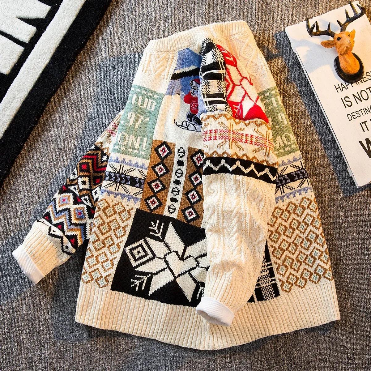 Colorful patchwork knit sweater with geometric patterns, relaxed fit, cream base