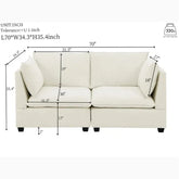 Modern cream fabric loveseat sofa with plush cushions, square arms, and labeled dimensions, spacious fit.