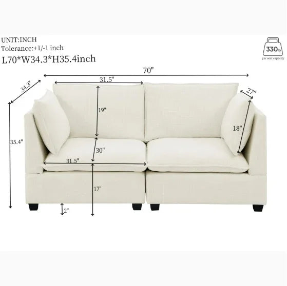 Modern cream fabric loveseat sofa with plush cushions, square arms, and labeled dimensions, spacious fit.
