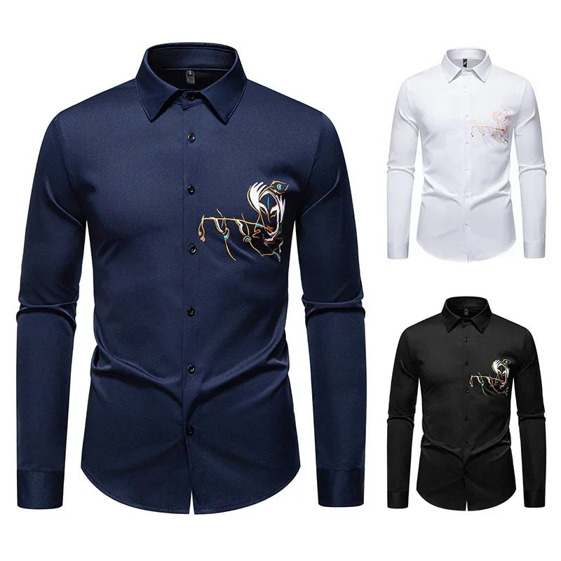 Men's slim fit dress shirts in navy, white, and black with abstract chest embroidery.
