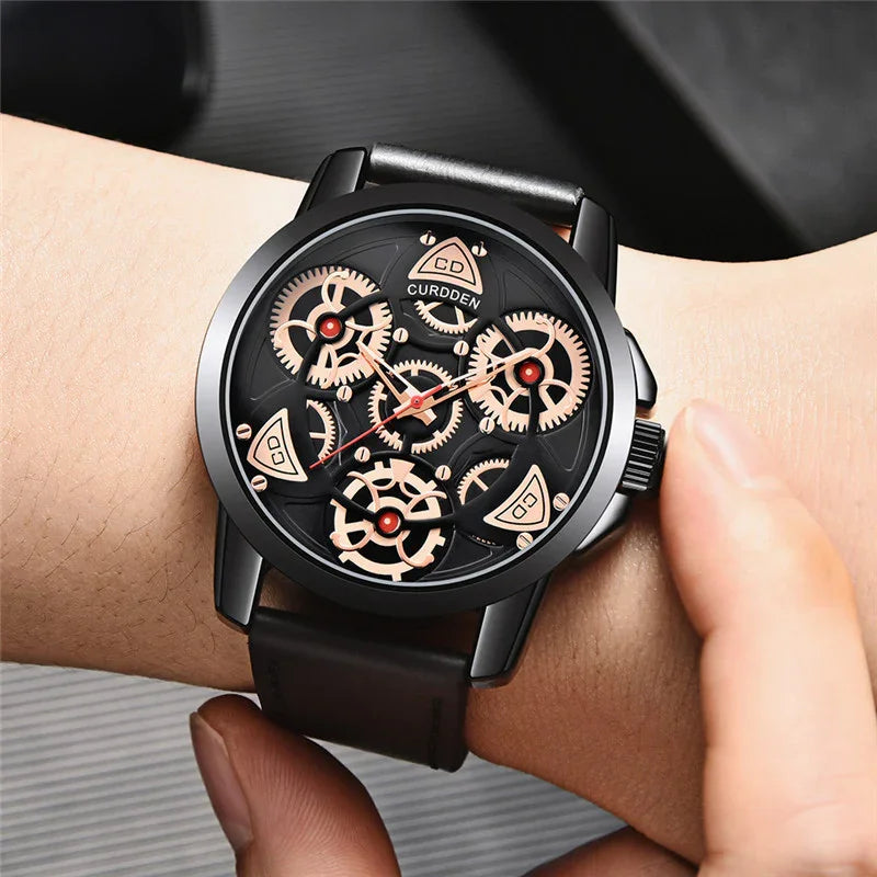 Black leather strap watch with exposed gold gears and modern skeleton dial design