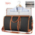 Black and brown faux leather duffel bag with garment bag feature, holding a blue dress shirt on a hanger, travel organizer set