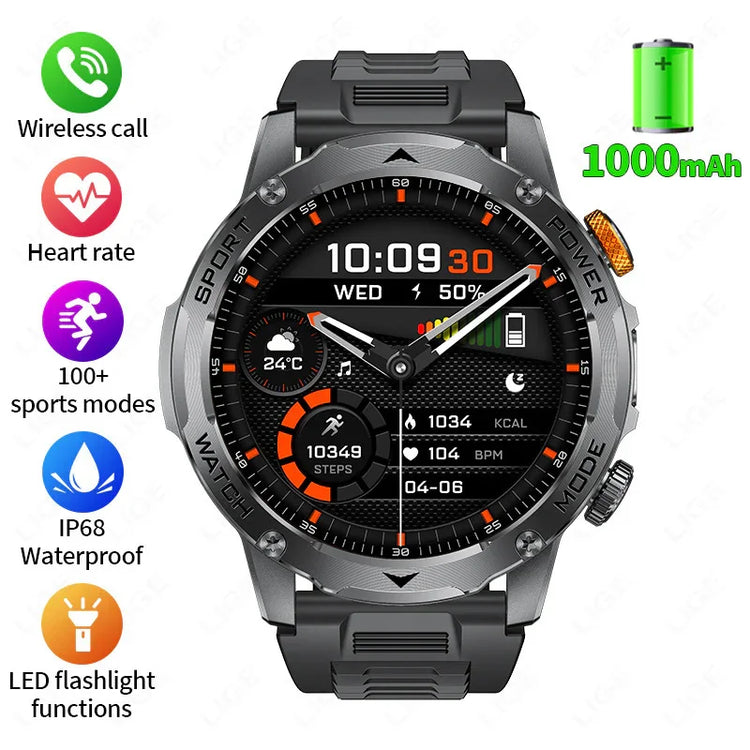 Rugged black and silver smartwatch with fitness tracking, waterproof design, large display, and sport modes