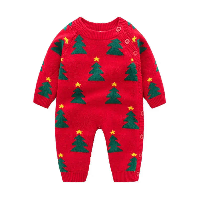 Red knit baby jumpsuit with green Christmas tree pattern and side button closure