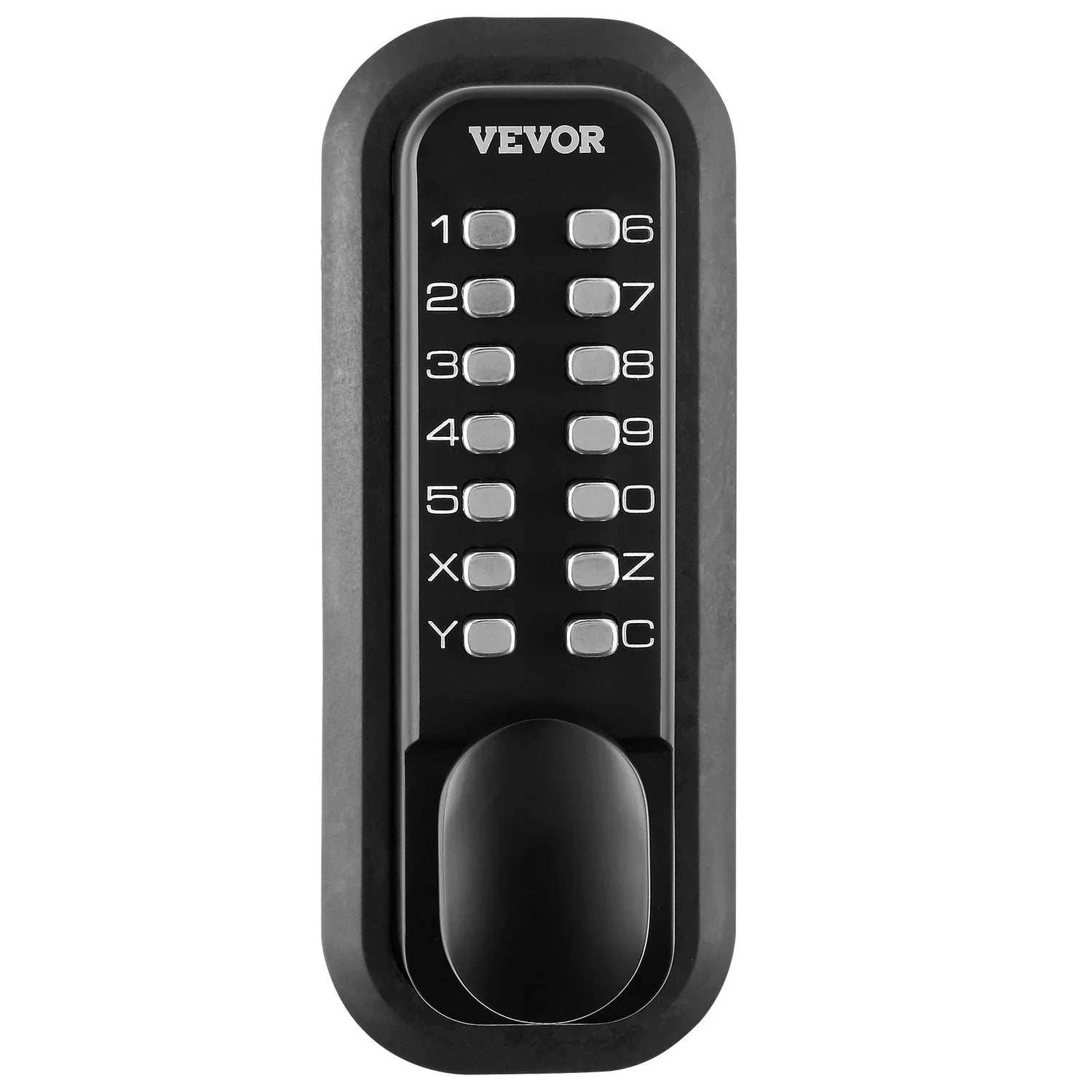 Black electronic keypad lock with metallic buttons and a sleek, modern design
