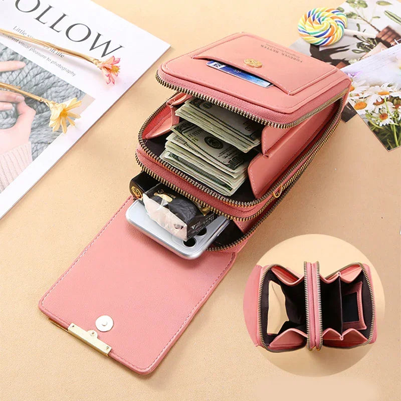 Pink leather wallet with zipper, multiple compartments, organized cash and cards, compact design