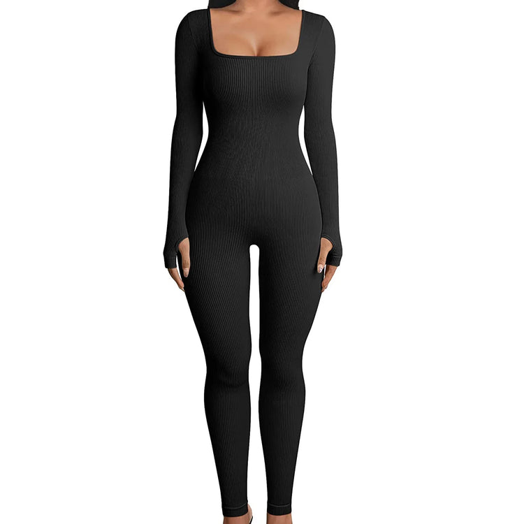 Black ribbed long sleeve jumpsuit with square neckline, bodycon fit, and thumb holes