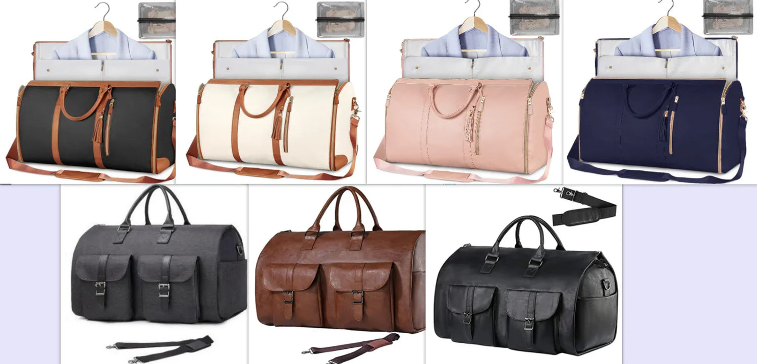 Assorted travel duffel bags in black, cream, pink, navy, gray, brown, and black leather, featuring shoulder straps and spacious compartments.