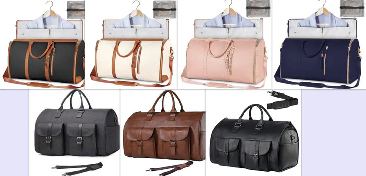 Assorted travel duffel bags in black, cream, pink, navy, gray, brown, and black leather, featuring shoulder straps and spacious compartments.