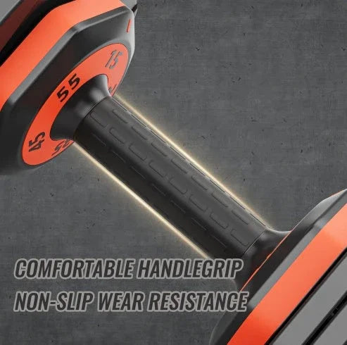 Close-up of black and orange dumbbell handle with textured, non-slip grip and wear resistance