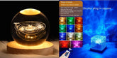 Futuristic decorative lights featuring a glass solar system orb and a multicolor LED acrylic cube, ambient lighting display.