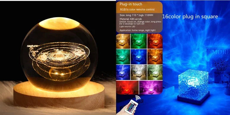 Futuristic decorative lights featuring a glass solar system orb and a multicolor LED acrylic cube, ambient lighting display.