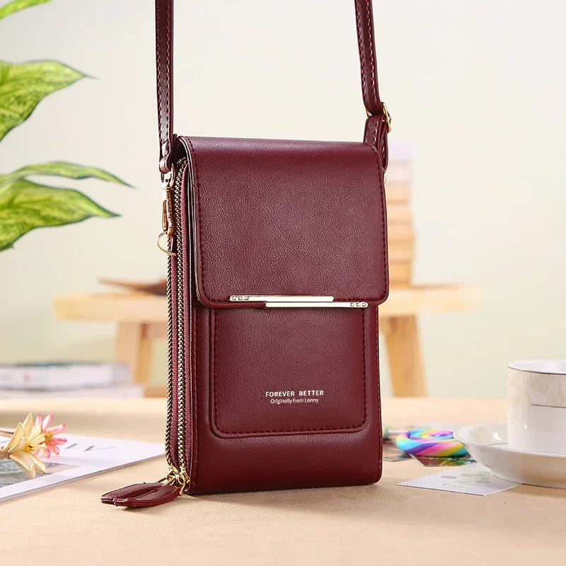 Burgundy faux leather crossbody wallet bag with gold zipper, slim and compact fit