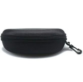 Black hard-shell zippered case with textured material and attached carabiner clip