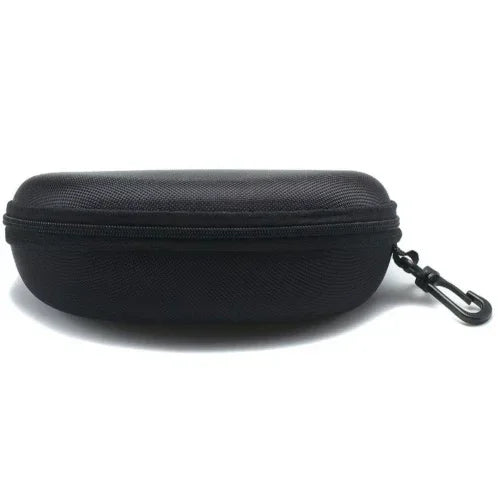 Black hard-shell zippered case with textured material and attached carabiner clip