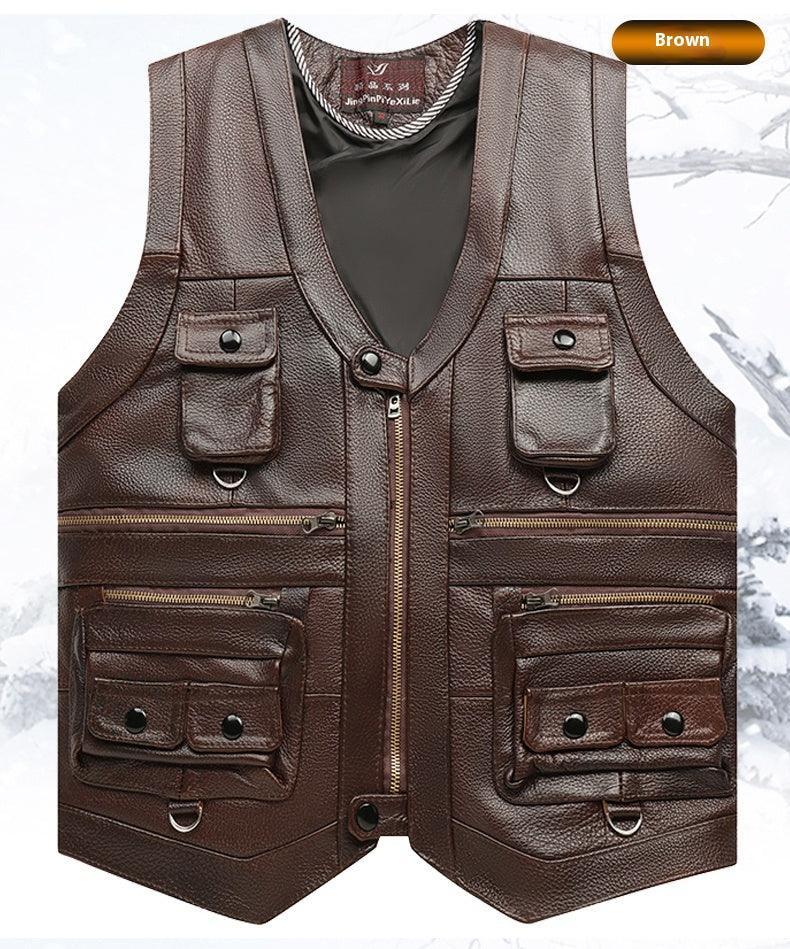 Brown leather utility vest with multiple zip and snap pockets, sleeveless, regular fit