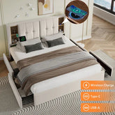 Modern bed with beige upholstered headboard, built-in wireless charging, USB ports, and storage drawers