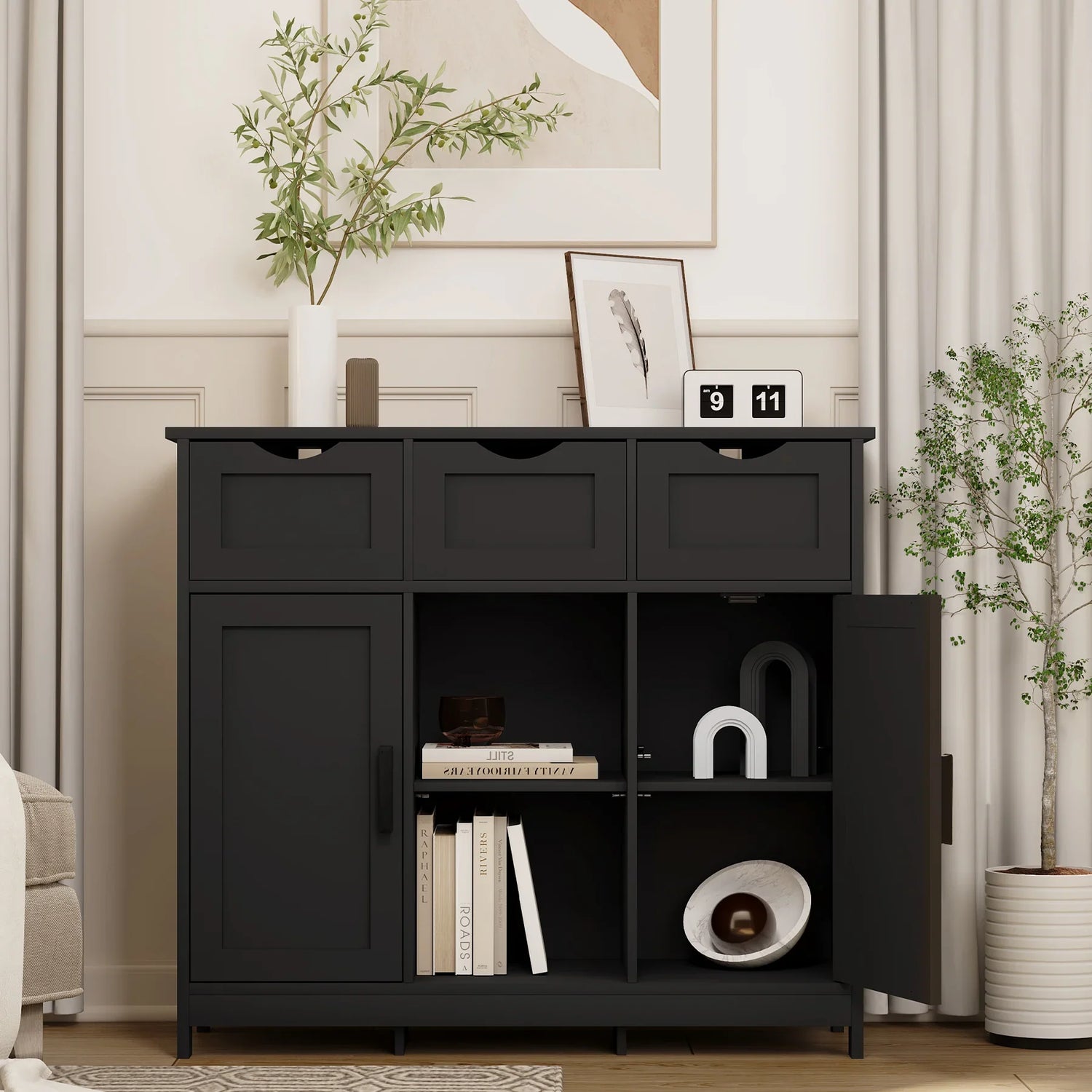 Modern black sideboard cabinet with open shelves and drawers in a minimal living room